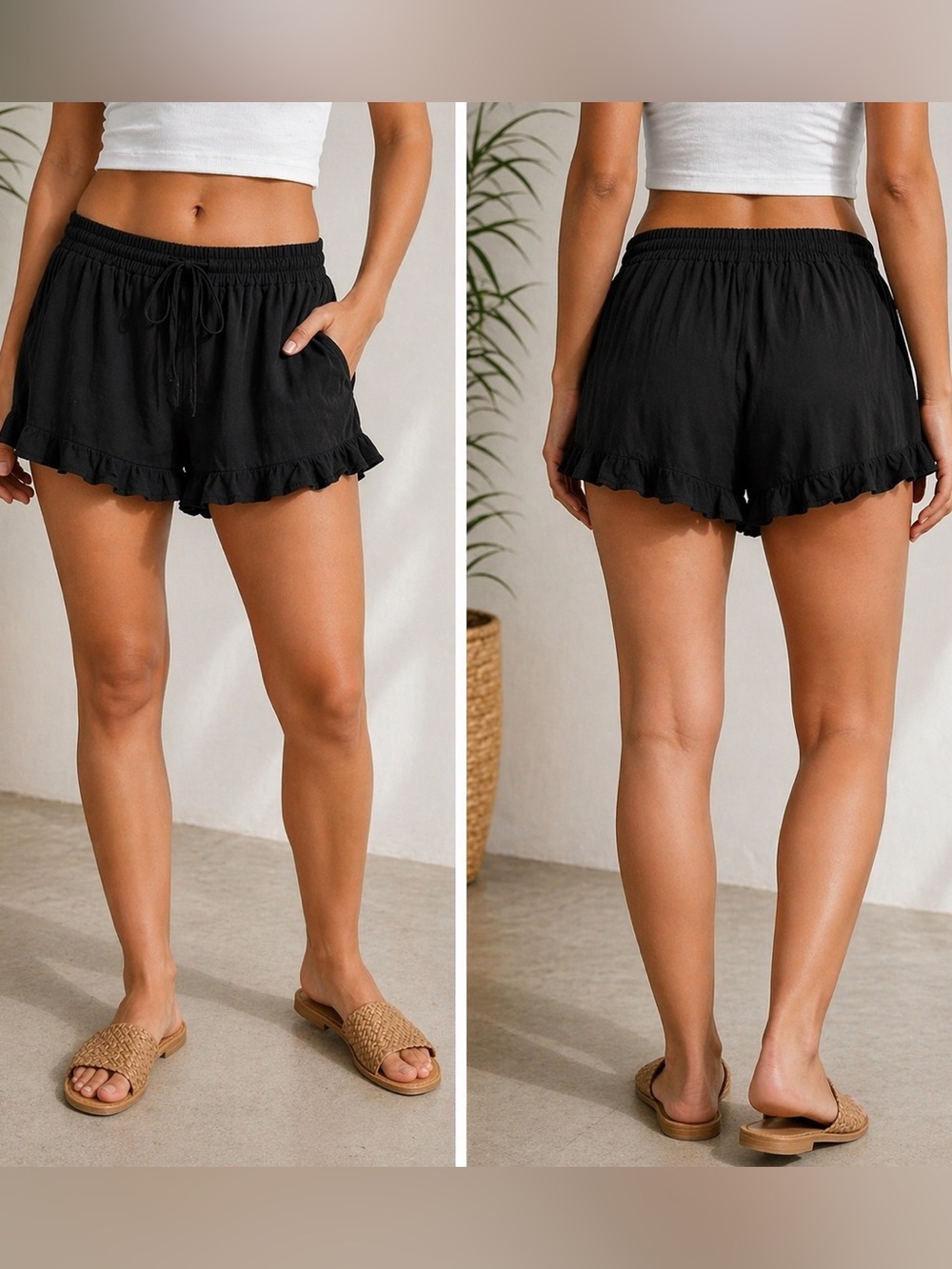 Boutique Black Ruffle Hem - Lounge Shorts 100% Cotton Size L NWOT